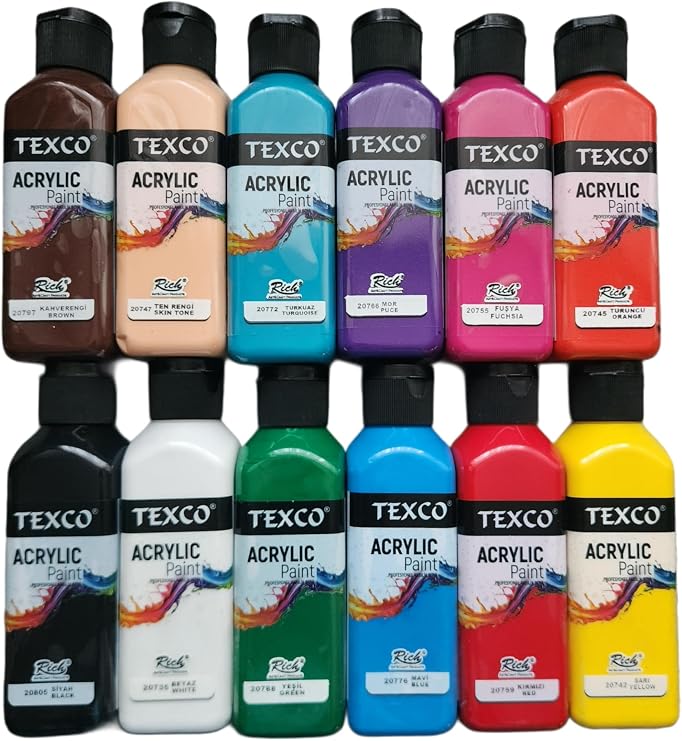 Rich Texco Akrilik Boya Seti, 12 Renk x 130 ml, Su Bazlı | Hızlı Kuruyan, Non-Toxic, Tuval, Taş, Ahşap, Karıştırılabilir Renkler, CE ve EN71 Uyumlu