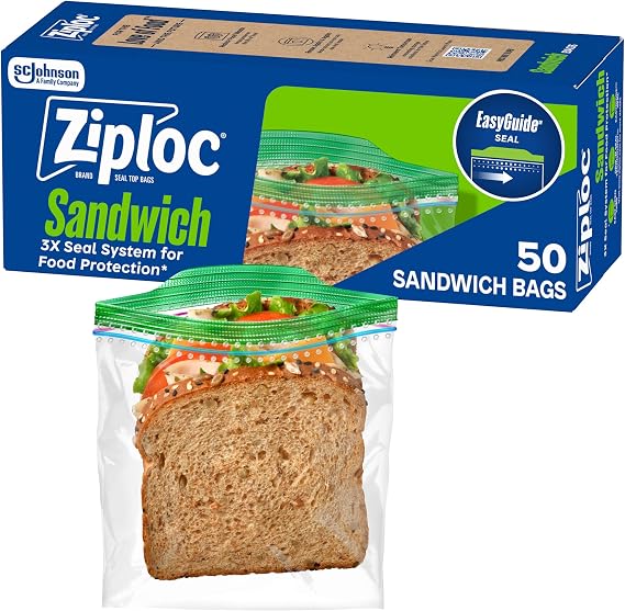 Ziploc Sandwich and Snack Bags, Easy Open and Close, Plastic Food Storage Bags, 50 Bags Total