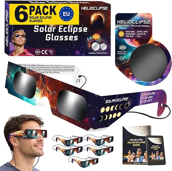 Helioclipse 6/12/25/50/100 Pack Solar Eclipse Glasses 2026 ISO 12312-2 Certified - Eclipse Glasses Approved - Solar Glasses