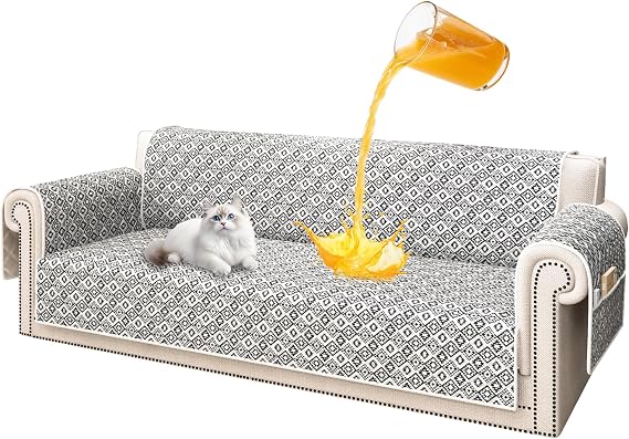 ALIECOM 100% Waterproof Couch Cover for 3 Cushion Couch Sofa Pet Friendly Sofa Covers Washable Printed Non Slip Furniture Protector Slipcovers with Pockets for Dogs (Checkered Gray, X-Large)