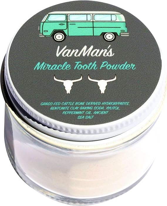 Vanmans - Mint and Bone Tooth Powder Toothpaste - Remineralizing Tooth Powder with Cattle Bone Derived Hydroxyapatite, Bentonite Clay, Peppermint Oil and Baking Soda - 2.2 oz