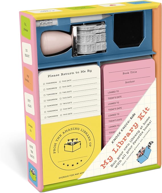 Knock Knock Kids Library Kit: 20 Card Catalog Checkout Cards, Bookplates, Date Stamp & Inkpad, 11117
