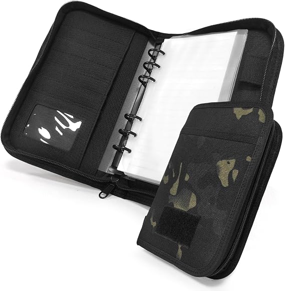 Tactical Notebook Cover, A6 Padfolio 6 Ring Binder with Big Back Pocket & Hand Strap, Zippered Hardcase Planner for Journal, College, Office, Field (Black Camo, A6(5.5 x 8.5 inches))