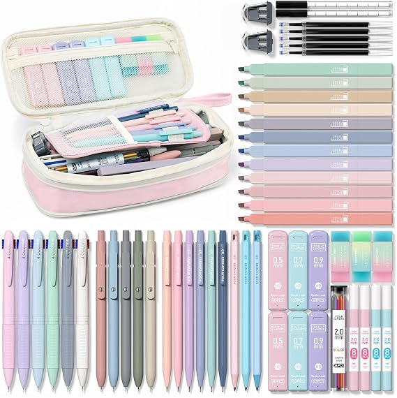Four Candies 56 PCS Aesthetic School Supplies with Cute Pencil Case (Pink)