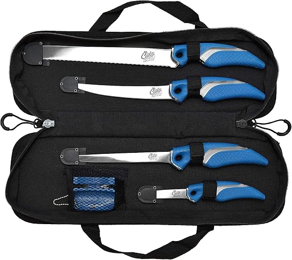 CUDA 6 Piece Knife & Sharpener Set 4 Knives with Corrosion-Resistant Stainless Steel Blade & Non-Slip Grips, 2-in-1 Knife Sharpener & Ballistic Nylon Carry/Storage Case Included