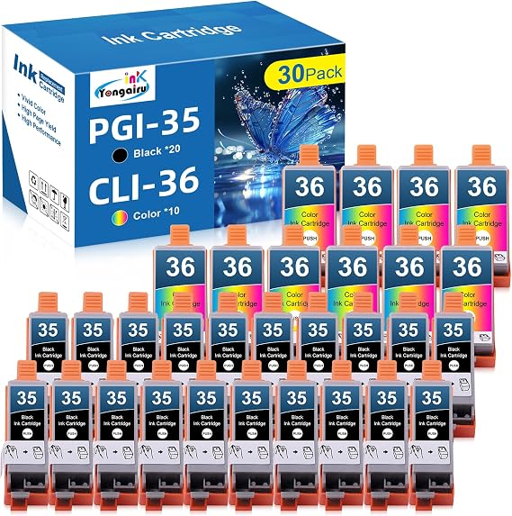 Compatible PGI-35 CLI-36 Ink Cartridges 30 Pack Replacement for Canon iP100 iP110 Mini260 Mini320 TR150 TR160 Printers Compatible for Canon PGI35 CLI36 Ink Cartridges (20 Black & 10 Tri-Color)