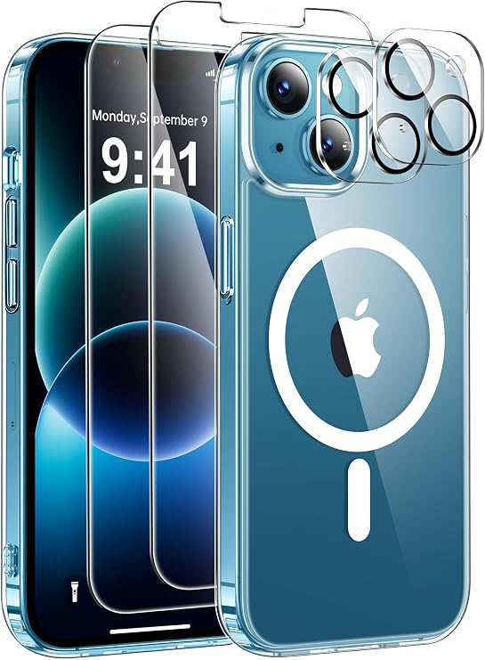 ivencase for iPhone 13 Mini Case with 2 Pack Screen Protector and 2 Pack Camera Lens Protector, Compatible with MagSafe, Shockproof Protective Clear Back Phone Case for iPhone 13 Mini -Clear