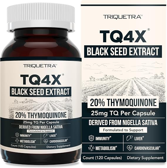 20% Thymoquinone Black Seed Oil Extract Capsules - TQ-Advanced 4X: Potent Thymoquinone Concentration Available - 60:1 Concentrate from Nigella Sativa, Raw Form, Vegan, Glass Bottle (120 Capsules)