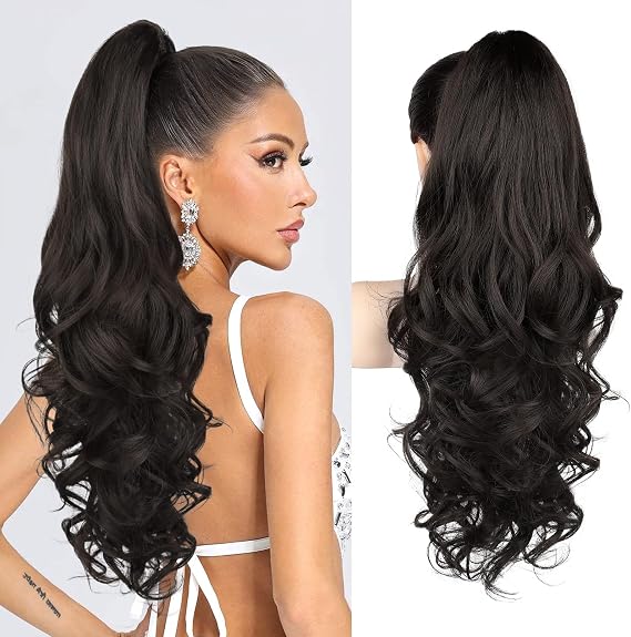REECHO Ponytail Extension, 24" Claw Clip in Ponytail Extension Long Curly Wavy Ponytail Hair Extension Jaw Clip on Pony Tails Hairpiece for Women - Black Brown