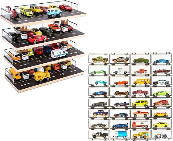 Hot Wheels Storage Display Combo: Parking Garage + 32 Packs Dark Tint Display Case for 1/64 Scale Toy Cars