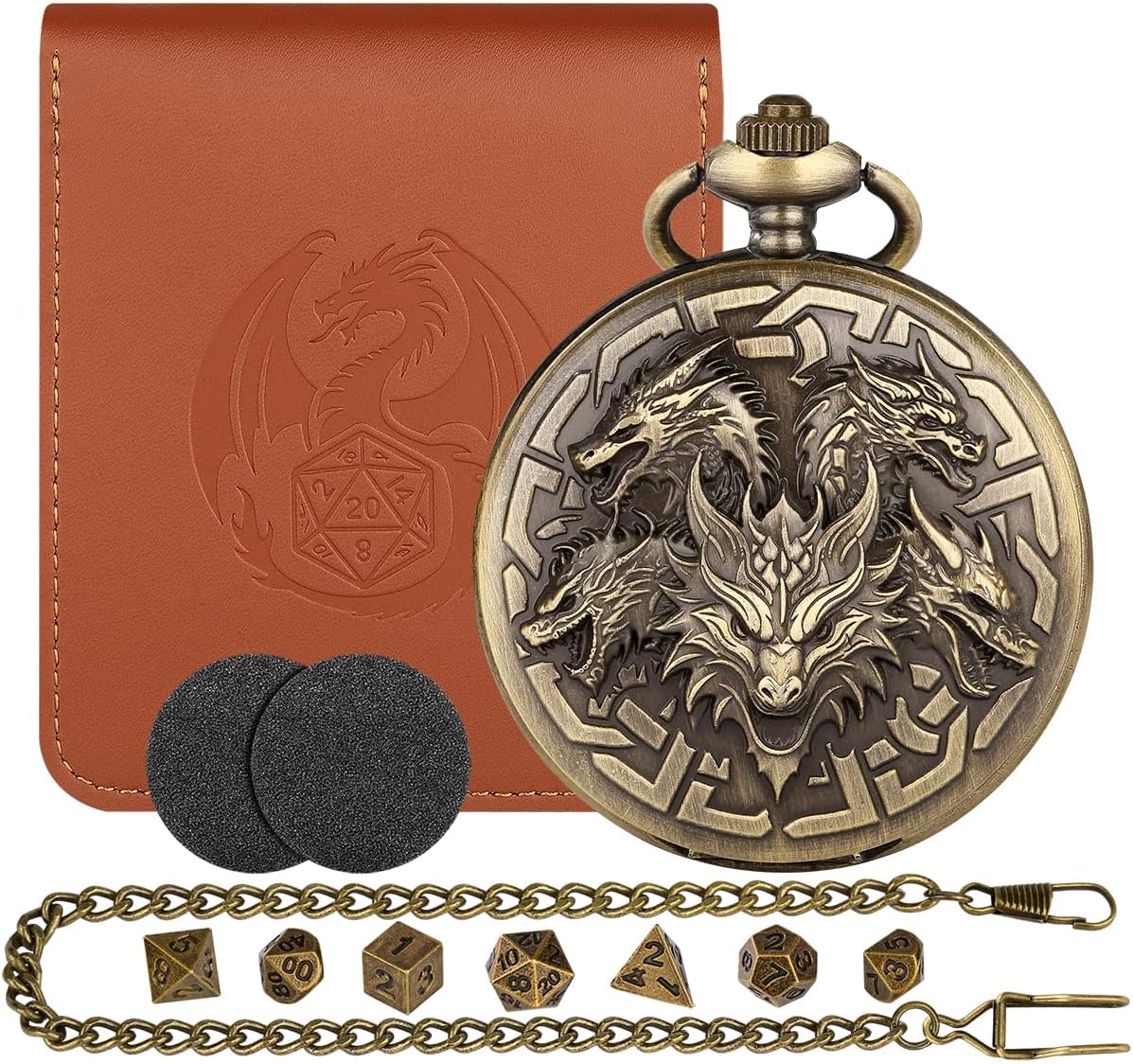 Mini DND Dice Set with 5 Dragon Heads Pocket Watch Shell Case, D&D Starter Set, 7pcs Polyhedral Tiny Metal Dice Kit, D&D Gifts with Gift Bag, Role Playing Game Accessories, Dragon Gifts