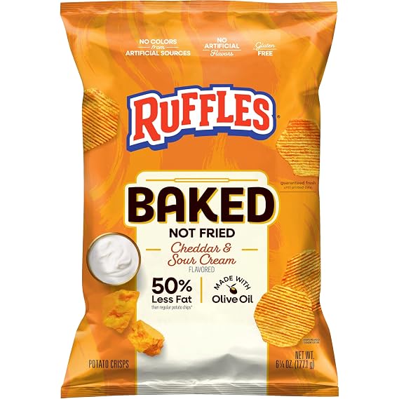 Baked Oven Baked Ruffles Cheddar Sour Cream, 6.25 Ounce | 50% Less Fat, Gluten Free, No Artificial Flavors, No Colors from Artificial Sources