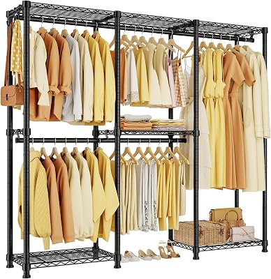Portable Closet Heavy Duty Clothes Rack, Freestanding Clothing Racks for Hanging Clothes, Adjustable Garment Wardrobe Rack with 4 Hang Rods & Shelves ,73.6 L x 17.3 W x 76.4 H, Black