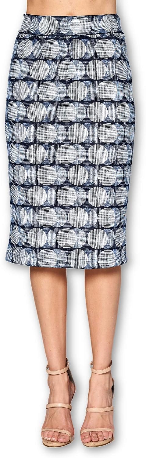 Women's High Waist Knit Stretch Multi Print Office Pencil Skirt (S-3XL) -Made in USA
