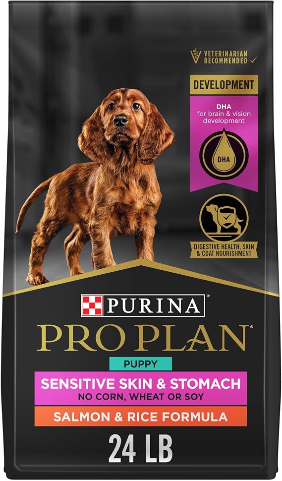 Purina Pro Plan Sensitive Skin & Stomach Puppy Dog Food, Salmon, 24 lb Bag | Real Salmon & Rice Formula, with prebiotic fiber, easily digestible with fish oil, a source of EPA and DHA, for heart health