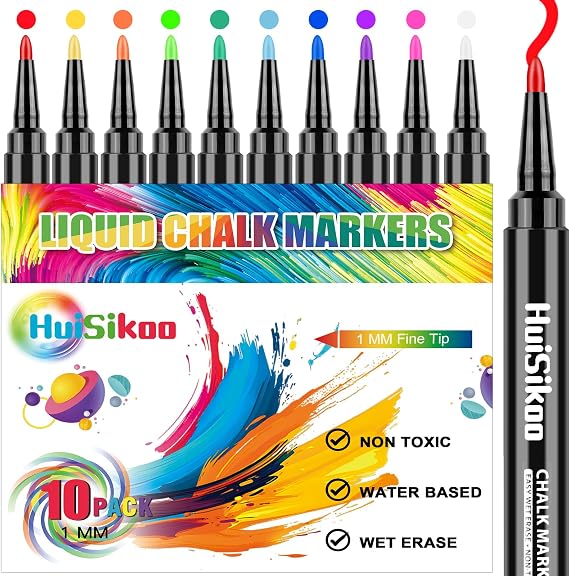 Liquid Chalk Markers for Acrylic Calendar Planning Board - Fine Tip Wet Erase Markers for Dry Erase Board, Whiteboard, Glass, Mirror - 1mm Fine Point, Easy to Erase, Quick Drying (10 Color)