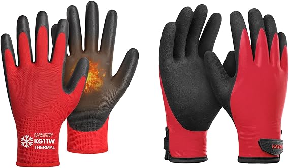 KAYGO 12 Pairs Thermal Insulated Safety Work Gloves PU Coated and 1 Pair Winter Waterproof Thermal Work Gloves, Full Hand Latex Coated, Acrylic Insulated Liner, Ideal for Freezer Cold Weather,M