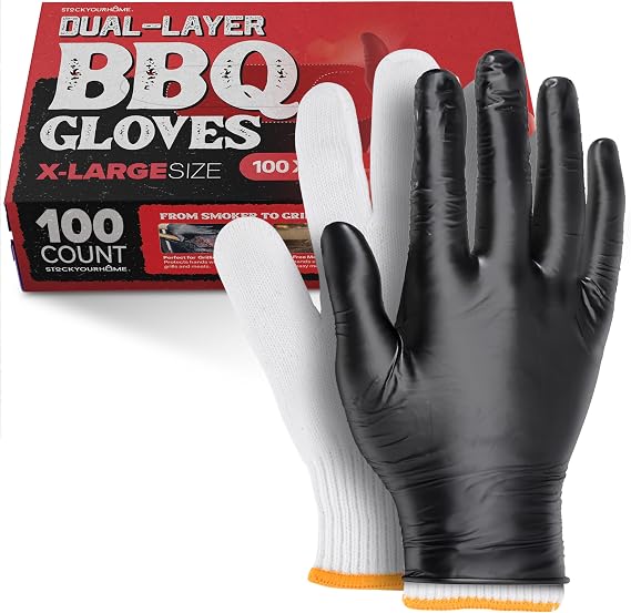 BBQ Grilling Gloves Kit 100 Nitrile Disposable Gloves & 4 Cotton Liners, Waterproof & Heat-Resistant for Smoking & Cooking