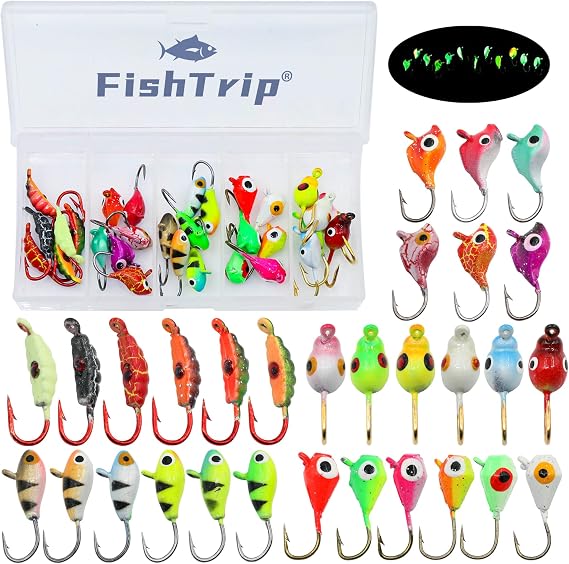 FishTrip Ice Fishing Jigs Kit, Glow Jig Lure Set for Winter Ice Fishing