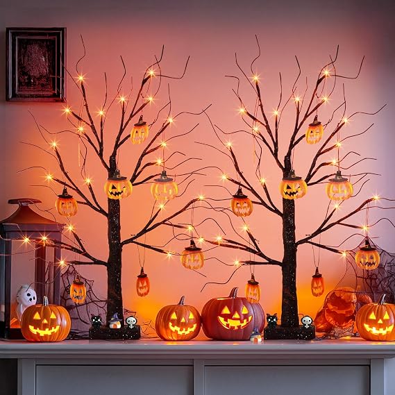 EAMBRITE Halloween Tree, 2FT Black Spooky Trees with 24 LED Orange Lights 8 Pumpkin, Battery Operated Small Tabletop Black Tree with Timer for Indoor Centerpiece Decorations Christmas Home (2 Pack)
