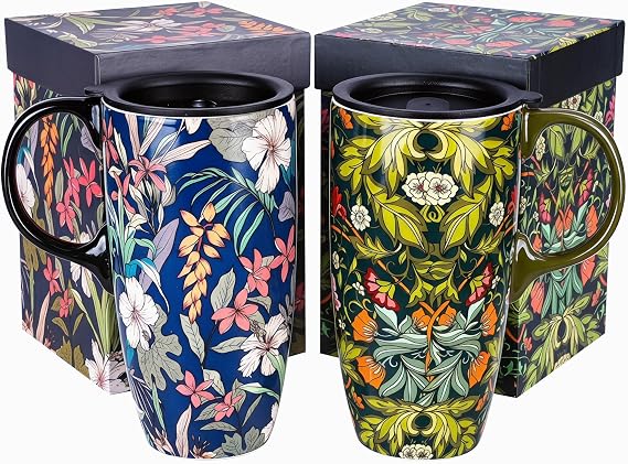 2-Pack 17oz Ceramic Travel Coffee Mugs with Lids & Gift Boxes | Microwave & Dishwasher Safe, Cup Holder Friendly, Commute Office Home Use, Large Latte Tea Cup with Handle, Botanical Design