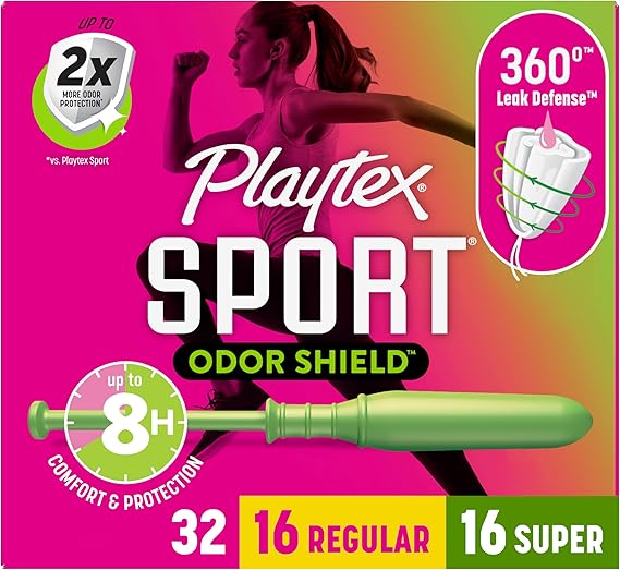 Playtex Sport Odor Shield Tampons Multipack (16ct Regular/16ct Super), Unscented - 32ct | Tampons Regular and Super, Playtex Tampon Multipack, Feminine Care with 360 Leak Defense