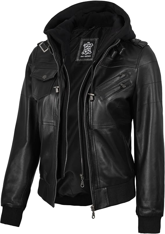 fjackets Leather Bomber Jacket Women - Real Lambskin Leather Jackets For Womens With Removable Hood - Hooded Jacket for Women
