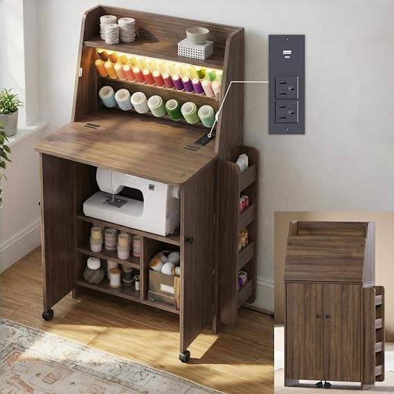 Foldable Sewing Machine Cabinet, Sewing Table with Storage for Small Spaces | 33-Spool Thread Organizer, Adjustable LED Lighting, USB & AC Charging Station, Foldable Space Saving Design, Storage Shelves