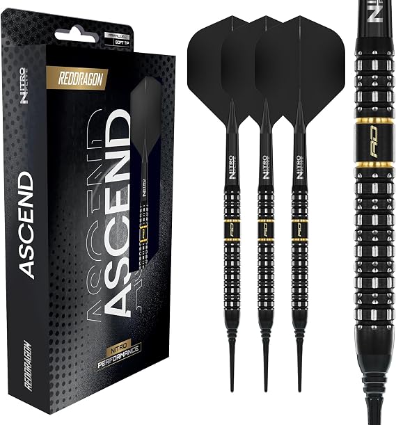 RED DRAGON Darts - Ascend Series - 18g Barrel/ 20g Full Weight Soft Tip Parallel Dart Set - 90% Professional Tungsten Darts Set - Nitro Flite Integrated Flight/Shaft, Dart Flights & Stems