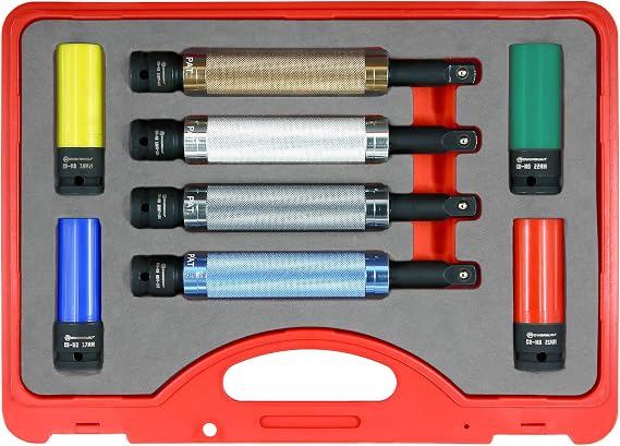 Powerbuilt 8 Piece Torque Limiting Extension Bar and Socket Set with Free-Spinning Grip Handles, 80, 100, 120, 130 lb-ft, 4 Wheel Protector Lug Nut Sockets, 17, 19, 21, 22mm, Storage Case - 240258
