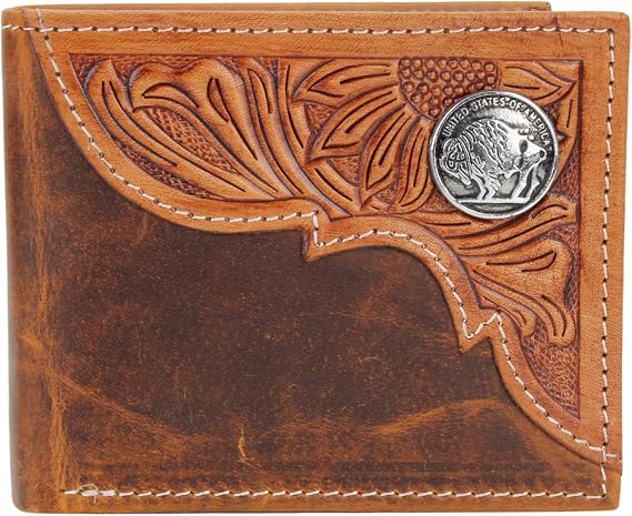 American Bison Tooled Side Bifold Wallet with ConchosOil Pull Up Classic Western Craftsmanship & RFID Protection (Buffalo Nikle, Tan)