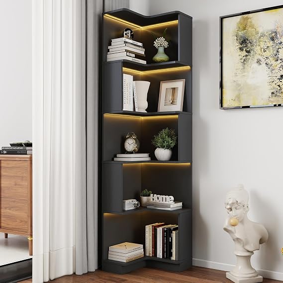 Corner Book Shelf with LED Lights, 5-Tier Tall L-Shaped Display Shelf with Baffle Modern Space-Saving Corner Storage Bookshelf for Living Room Bedroom Coffee Bar Break Room Lounge (Black)