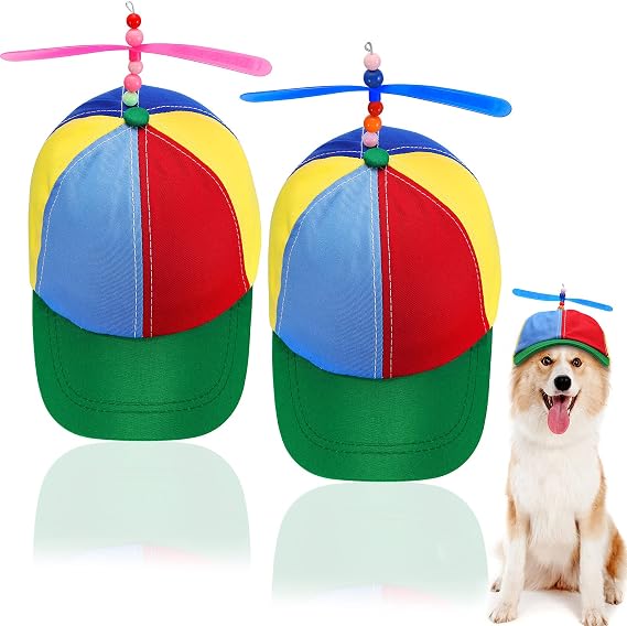 Weewooday 2 Pieces Dog Hats with Funny Propeller Dog Rainbow Helicopter Hat Dog Headwear Propeller Hat for Sun Protection Size and Rope Double Adjustment Pet Hats for Middle and Large Dog, Colorful