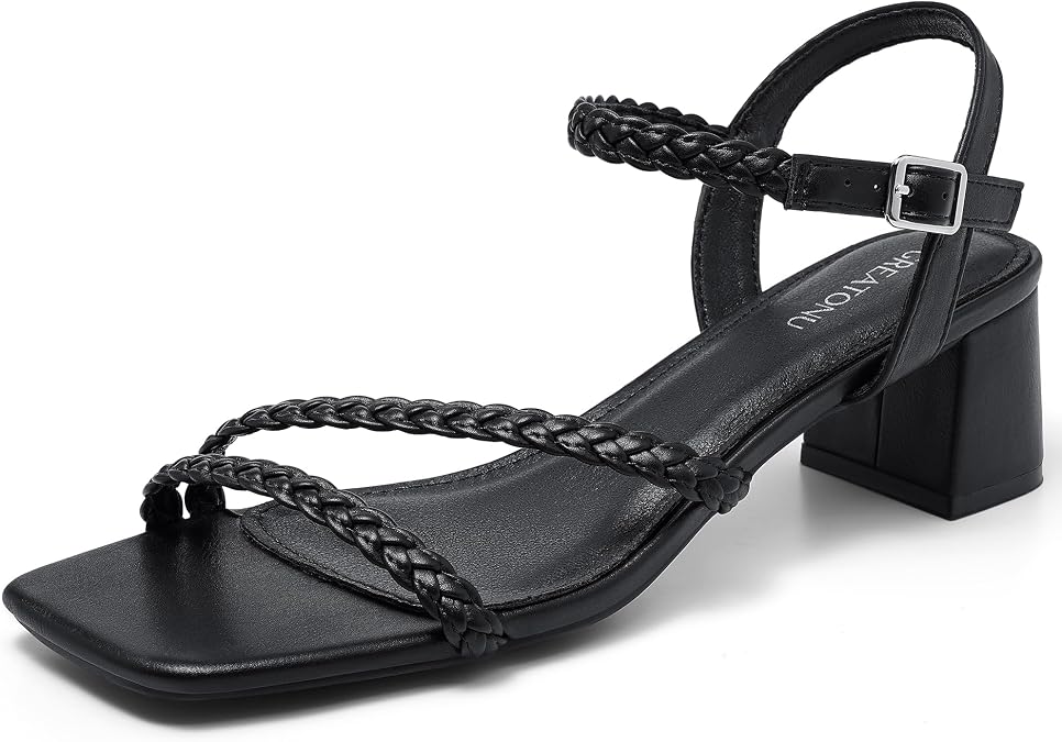 Greatonu Women's Braided Strappy Heeled Sandals 1.97 inch Low Chunky Block Heels Square Open Toe Ankle Strap Sandal Heels Dressy Sandals 2025 Party Wedding Prom Shoes