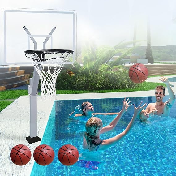 Deck Mounted Pool Basketball Hoop - Surface Mount Basketball Goal for Pool Deck with Adjustable Height 20 to 42 Inches - Rust Proof Aluminum Frame with Acrylic Backboard & 18 Inch Aluminum Rim