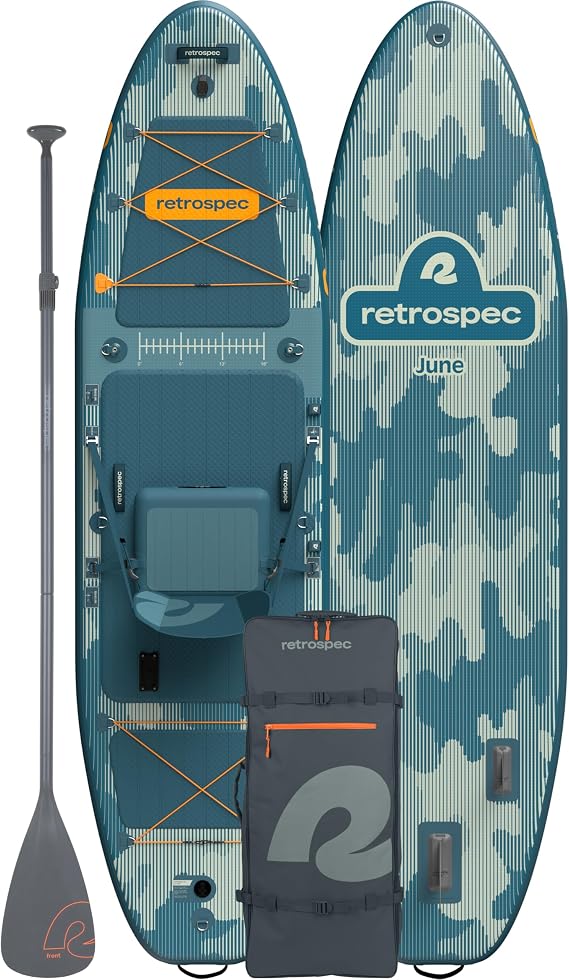 Retrospec June Inflatable Fishing Paddle Board 116 with Removable Seat Puncture-Resistant Paddle Board for Fishing with Rod Holders, Non-Slip Deck Pad & Accessories