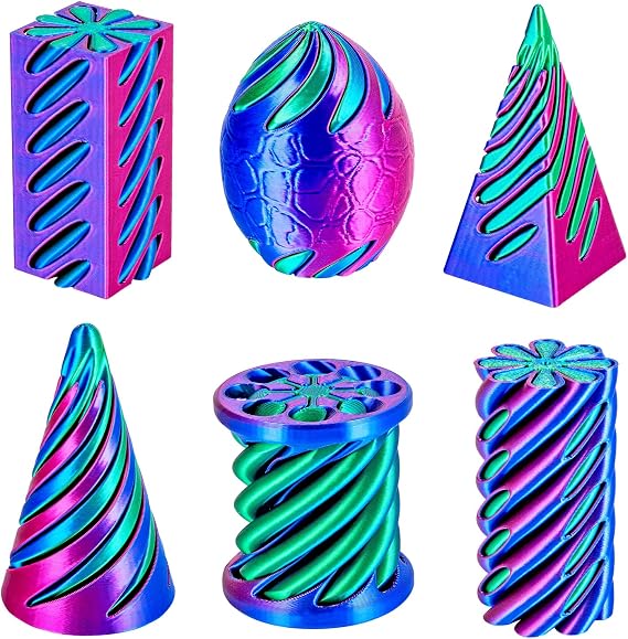 3D Printed Spiral Cone Fidget Toy 6 Packs, Flexible Impossible Cone Pyramid Passthrough Toys Set for Stress Relief, Fun Desk Deco Relaxing Gift for Kids Adults, Rose Red+Blue+Green