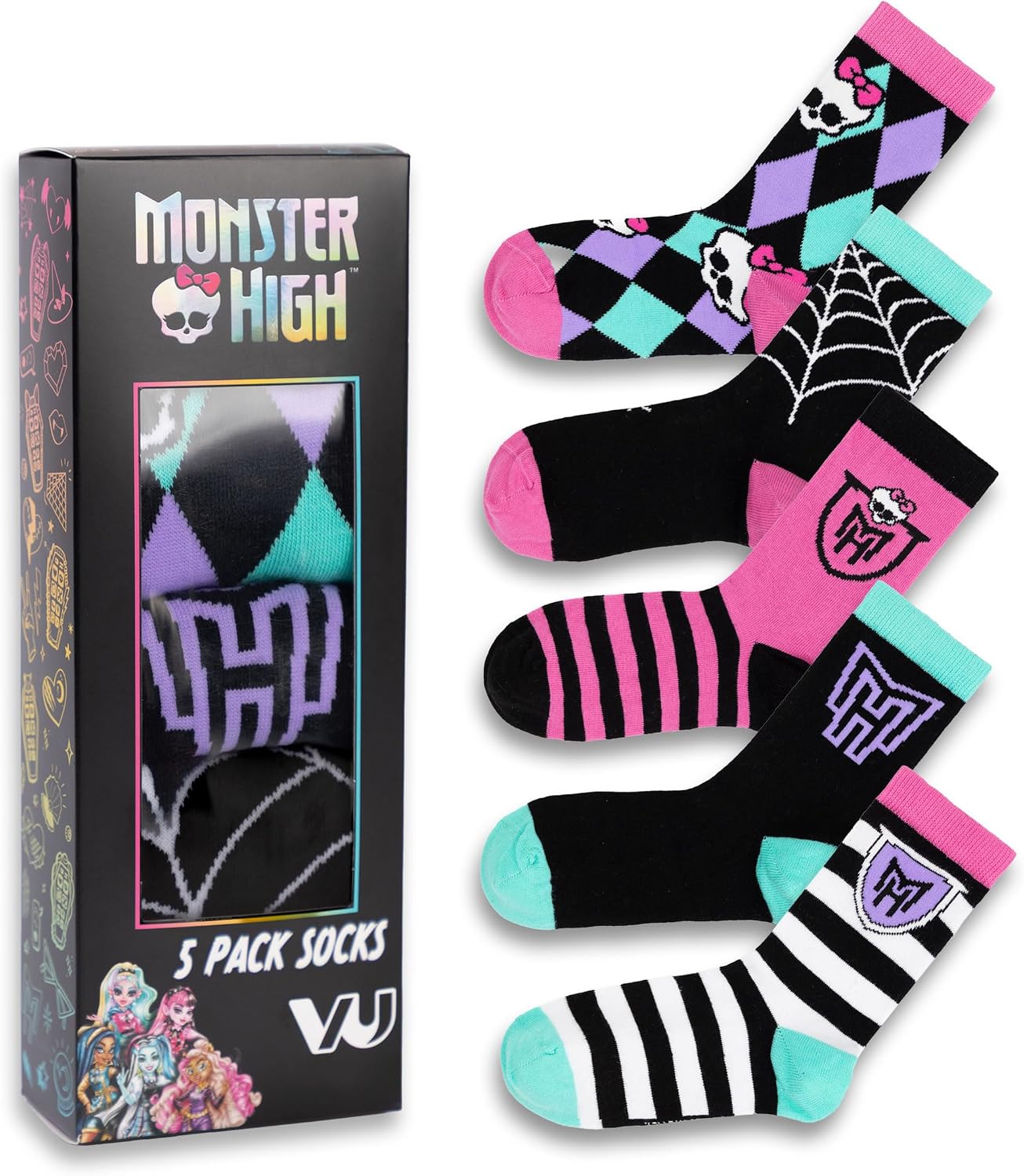 Monster High Girls Calf Socks with Skulls and Stripes Set of 5 Funny Pattern Logos Casual Everyday Socks for Kids Argyle and Stripe Design