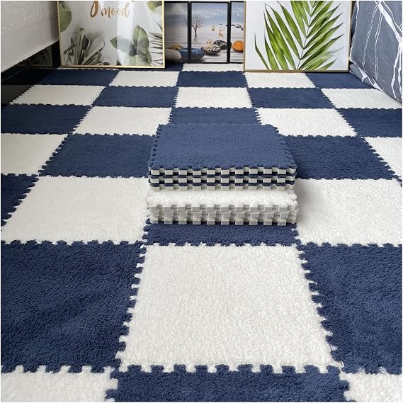 12 Pcs Interlocking Carpet Tiles, Plush Foam Square Floor Mats Set, Puzzle Floor Mat For Living Room, Bedroom And Hard Floor, 12 Tiles/12 Sq.Ft(Color:White+Navy Blue)