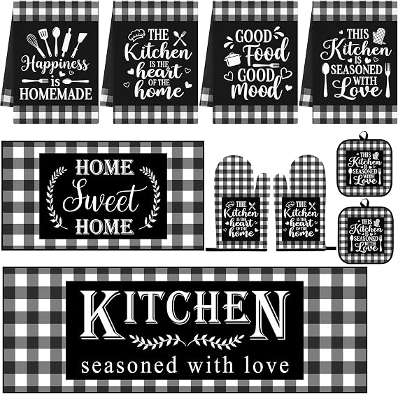 10 Pcs Black Palid Kitchen Decor and Accessories Set, 4 Kitchen Dish Towels 2 Rugs 2 Oven Mitts 2 Pot Holders, Home Decor for Cooking Baking BBQ Gifts Women Mom Housewarming