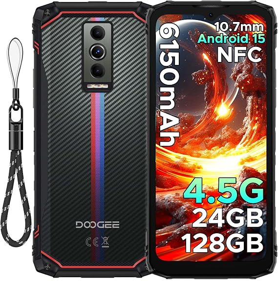 DOOGEE Blade 10 Energy Outdoor Mobile Phone Without Contract Android 15 24GB RAM/128GB ROM (2TB) 6150mAh 10.7mm Ultra Thin Outdoor Smartphone 6.56 Inch HD + 16MP 3 Card Slots/NFC/Face ID/OTG/GPS