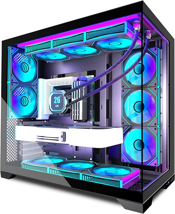 ANSAITE ATX PC Case 9 x 120 mm ARGB PWM Fan Pre-Installed Mid-Tower Gaming PC Case Panoramic Tempered Glass Black Computer Case with Type-C 360 mm Radiator Support H-D9 (Black)