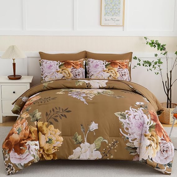 Luxudecor Floral Queen Comforter Set 7 Pieces Bed in a Bag, Flower Print on Brown Bedding Set, Soft Reversible Comforter with Sheet Set 90"x90"