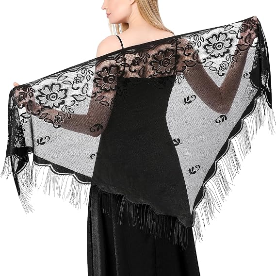 Ladiery Triangle Lace Shawls and Wraps with Tassels, Floral Sheer Evening