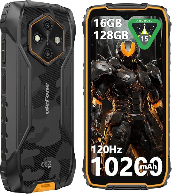 Ulefone RugKing 4 Pro Rugged Smartphone, 128GB/2TB TF, 10200mAh Dock Charging Android 15 48MP Waterproof Camera, 120Hz 6.56" Tough Screen, 4G SIM Free Mobile Phone Unlocked 3-Card Slot NFC Orange