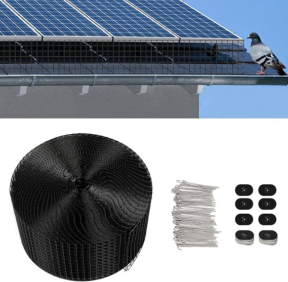 Solar Panel Bird Guard Squirrel Proofing Kit 6in*98ft Bird proofing Wire Screen Protection Wire mesh PVC Coated Galvanized Steel mesh Bird+70 Fasteners Clips,Black