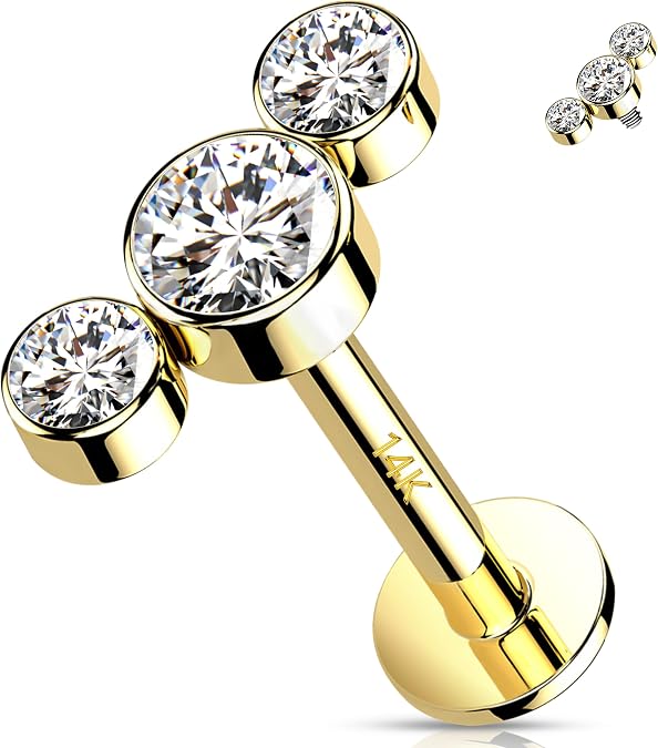 Melighting 14K Solid Gold Conch Piercing Jewelry - 16G Cartilage Earring, Internally Threaded, Curved Helix, CZ Stone, 8mm Stud Earring for Women