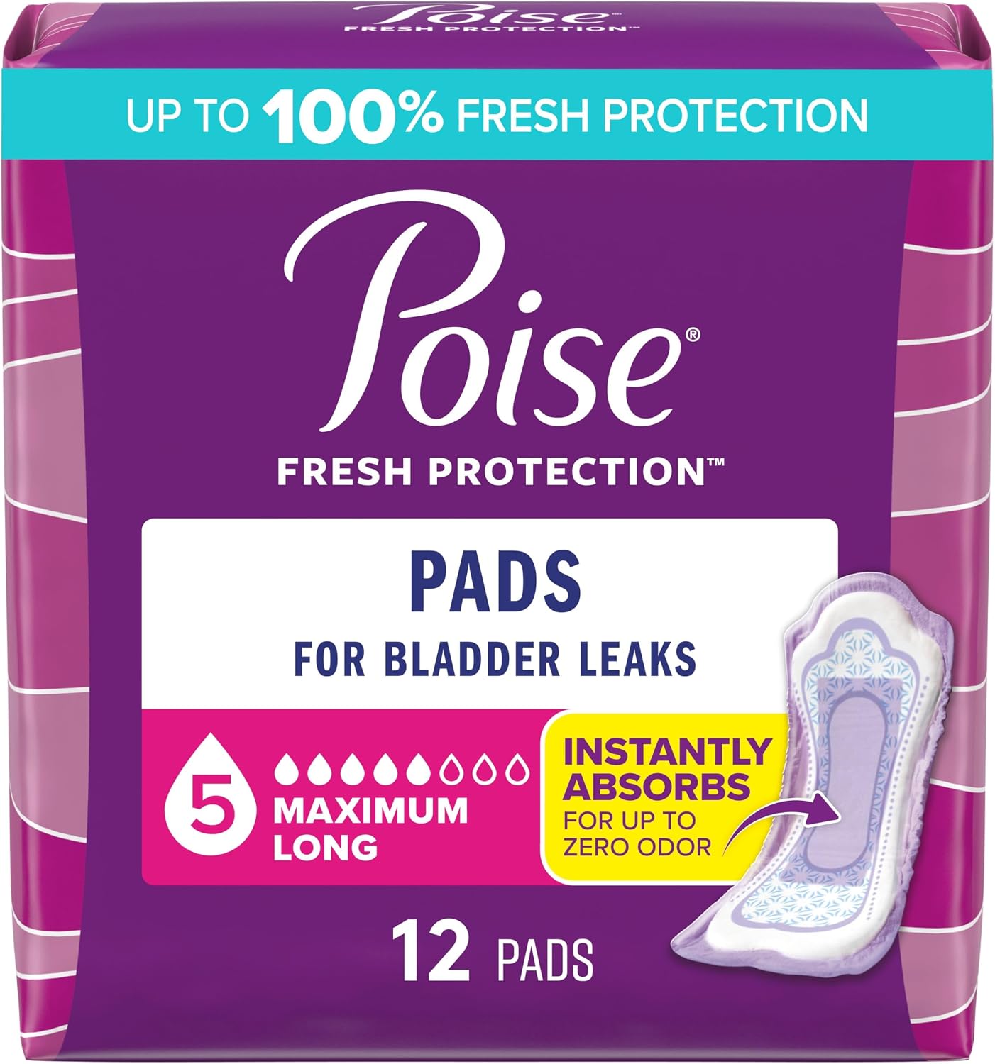 Poise Incontinence & Postpartum Pads for Bladder Leaks, 5 Drop Maximum Absorbency, Long Length, 12 Count, Packaging May Vary