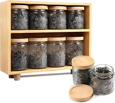 2-Layer Bamboo Tea Organizer Rack With 8 Vintage Glass Jar, 17 & 23.7 Oz Tea Tins with Airtight Lids for Loose Leaf Tea Storage, Glass Food Storage Containers for Coffee Candy Spices Nut Cereals