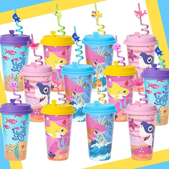 Lidmada 24 Set Shark Birthday Favors Cups with Silly Straws Bulk, 16 OZ Shark Reusable Plastic Cups for Kids Baby Party Decorations Supplies Goodie Bag Stuffers